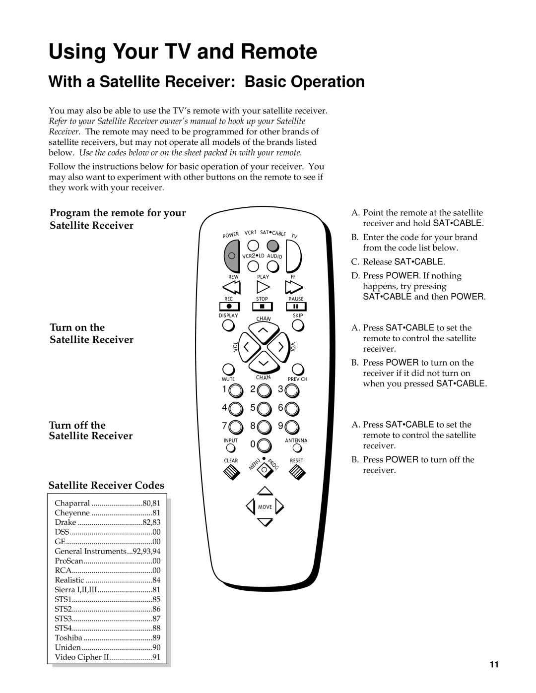 RCA RBA27500, 27000 manual With a Satellite Receiver Basic Operation, Satcable and then Power 