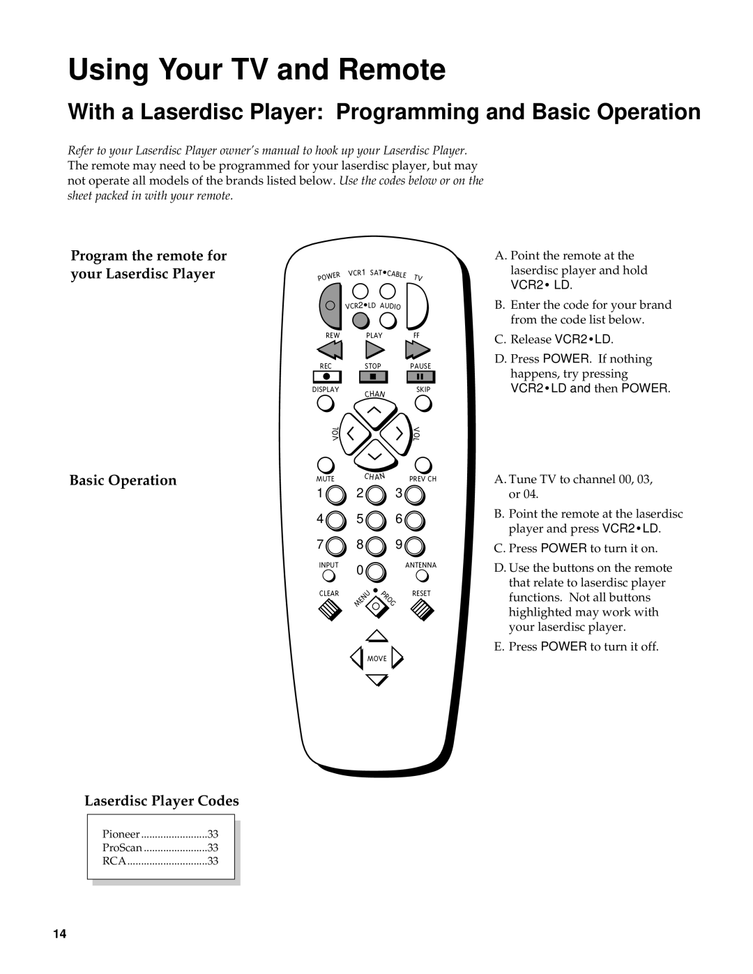 RCA 27000 manual With a Laserdisc Player Programming and Basic Operation, Laserdisc Player Codes, VCR2LD and then Power 