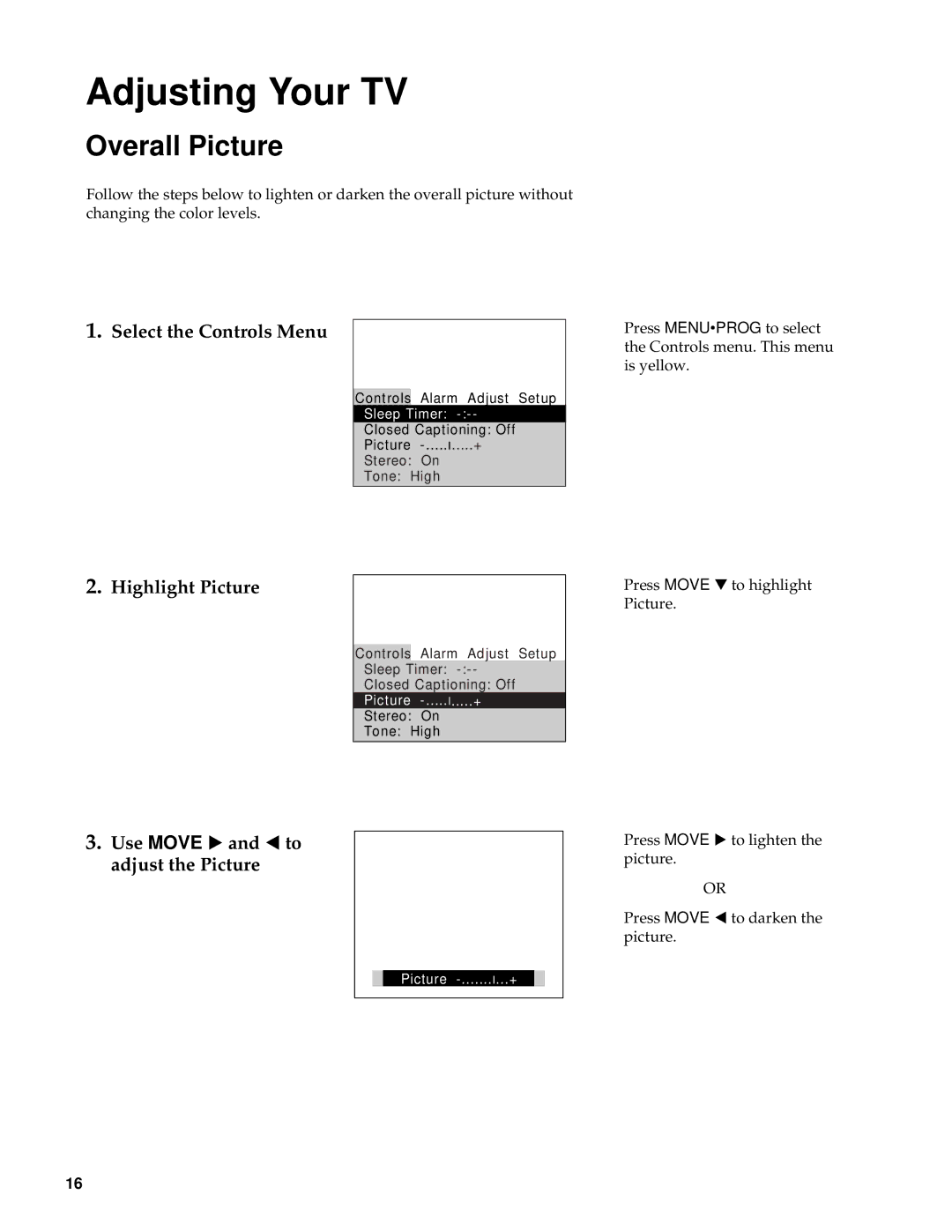 RCA RBA27500, 27000 manual Adjusting Your TV, Overall Picture, Select the Controls Menu, Highlight Picture 