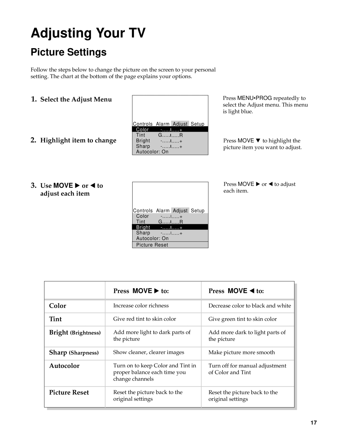 RCA RBA27500, 27000 manual Picture Settings 