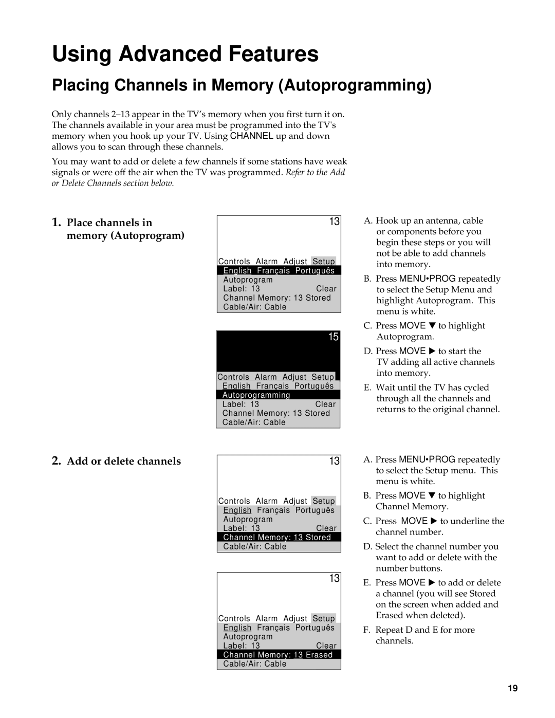 RCA RBA27500, 27000 manual Using Advanced Features, Placing Channels in Memory Autoprogramming 