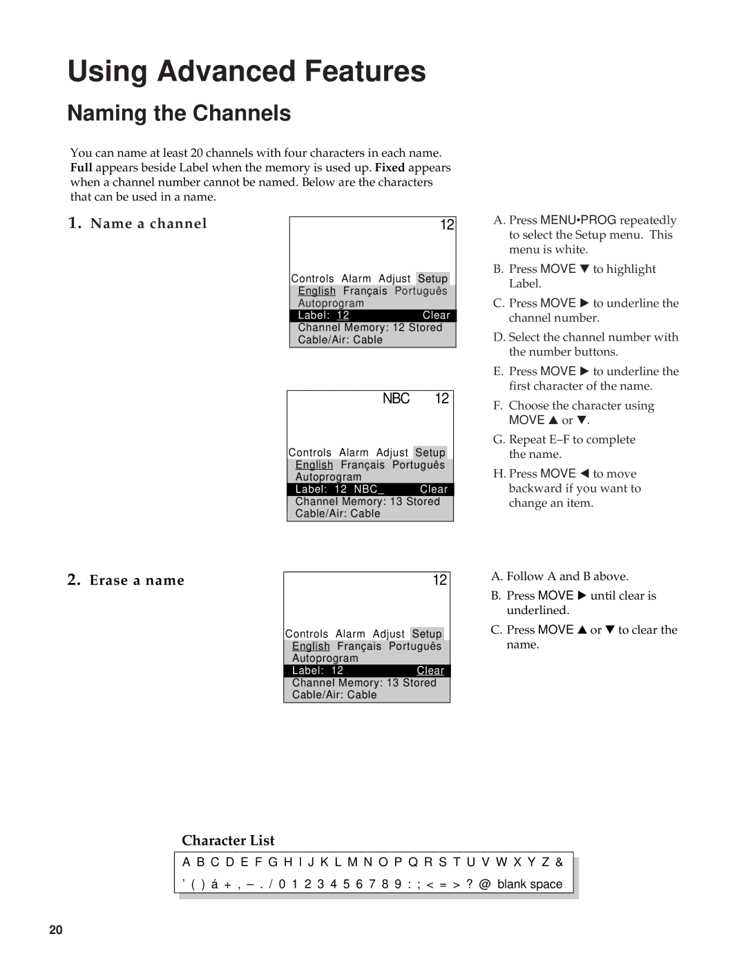 RCA RBA27500, 27000 manual Naming the Channels, Name a channel, Erase a name, Character List, Move G or H 