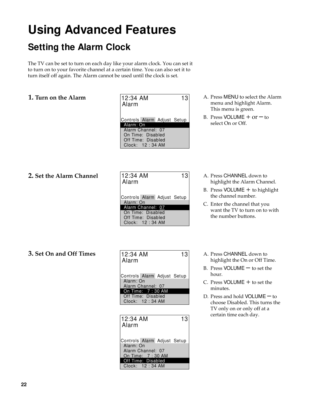 RCA RBA27500, 27000 manual Setting the Alarm Clock, Turn on the Alarm, Set the Alarm Channel, Set On and Off Times 