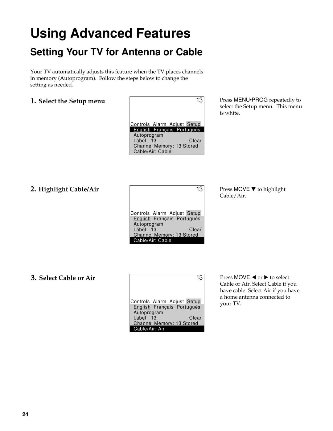 RCA RBA27500, 27000 manual Setting Your TV for Antenna or Cable, Highlight Cable/Air, Select Cable or Air 