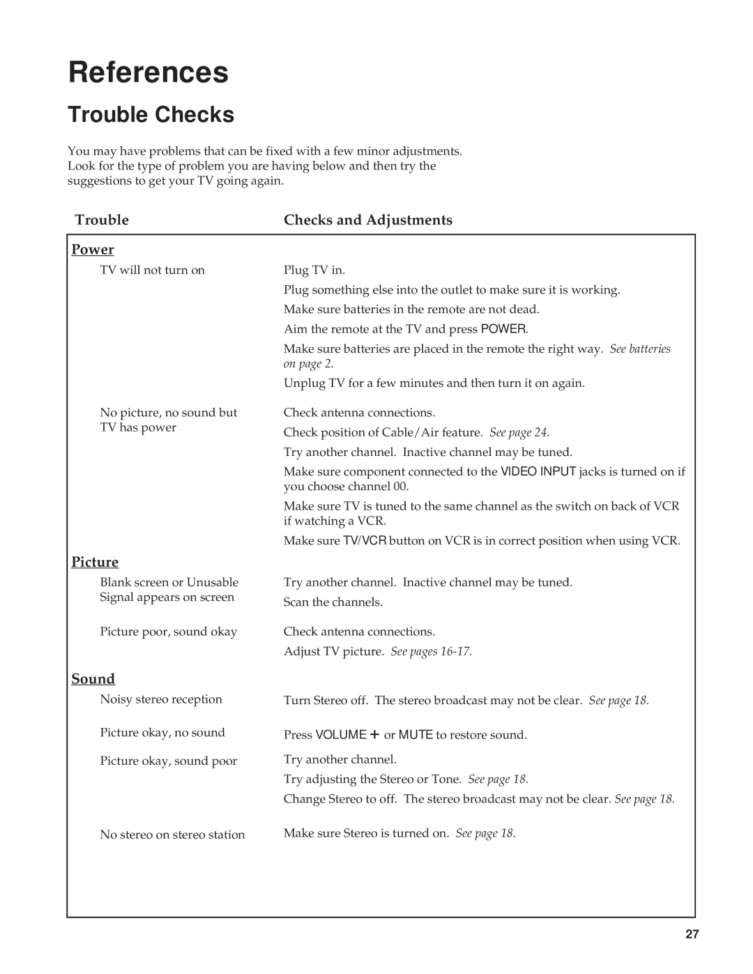 RCA RBA27500, 27000 manual Trouble Checks and Adjustments Power, Picture, Sound 