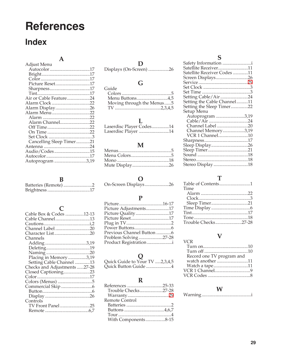 RCA RBA27500, 27000 manual References, Index 