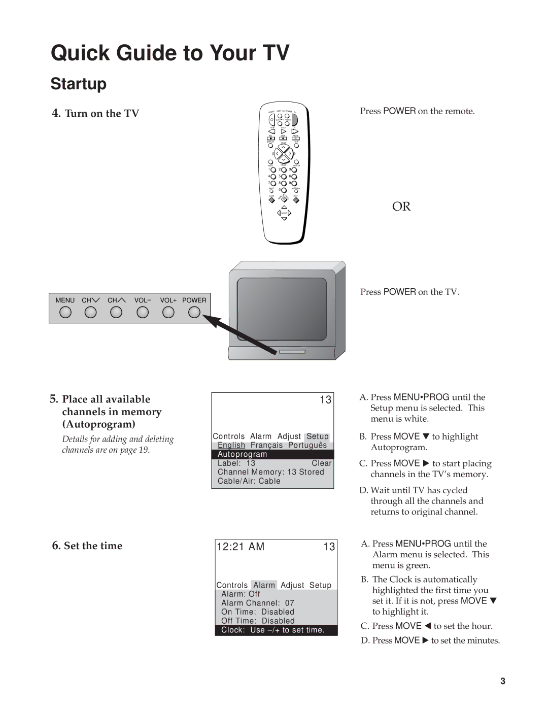 RCA RBA27500, 27000 manual Turn on the TV, Place all available channels in memory Autoprogram, Set the time 