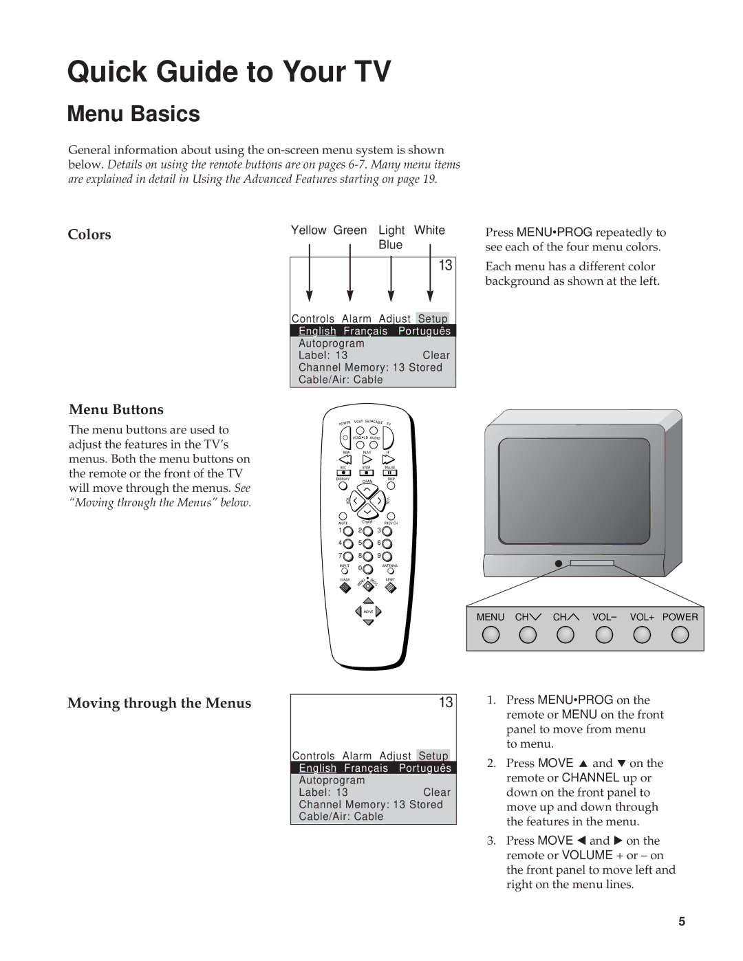 RCA RBA27500, 27000 manual Menu Basics, Colors, Moving through the Menus, Yellow Green Light White Blue 