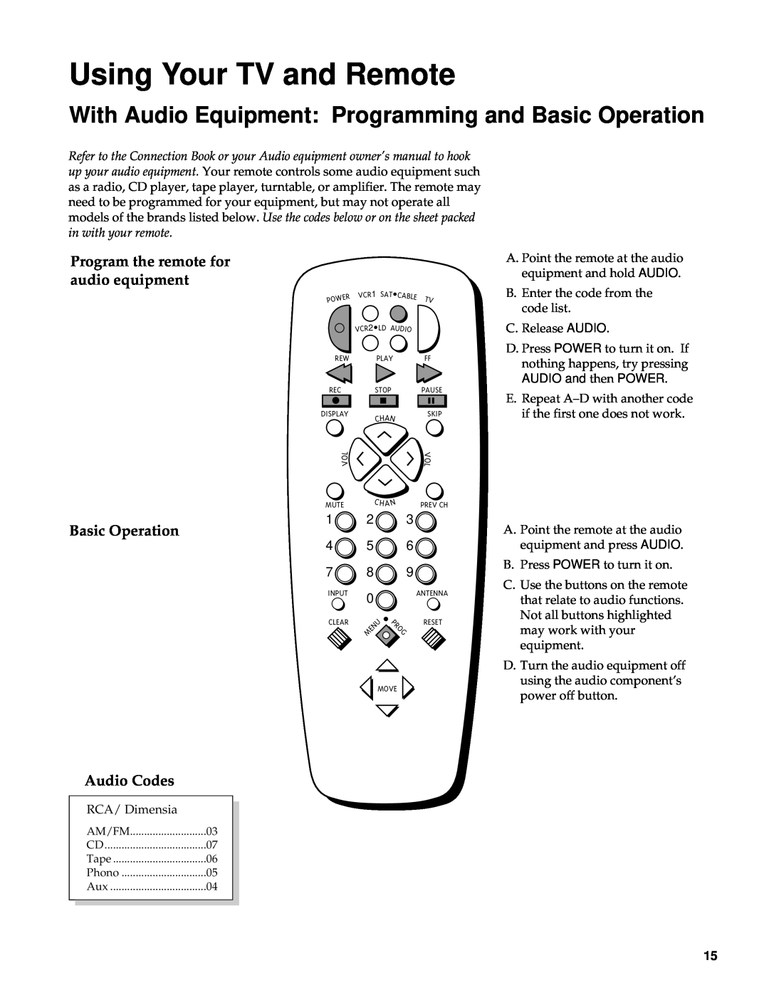 RCA RBA27500, 27000 manual With Audio Equipment Programming and Basic Operation, Program the remote for audio equipment 