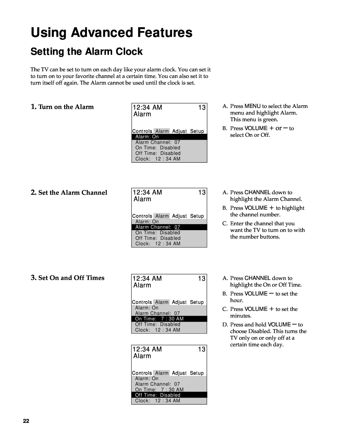 RCA 27000 manual Setting the Alarm Clock, Turn on the Alarm, 1234 AM, Set the Alarm Channel, Set On and Off Times 