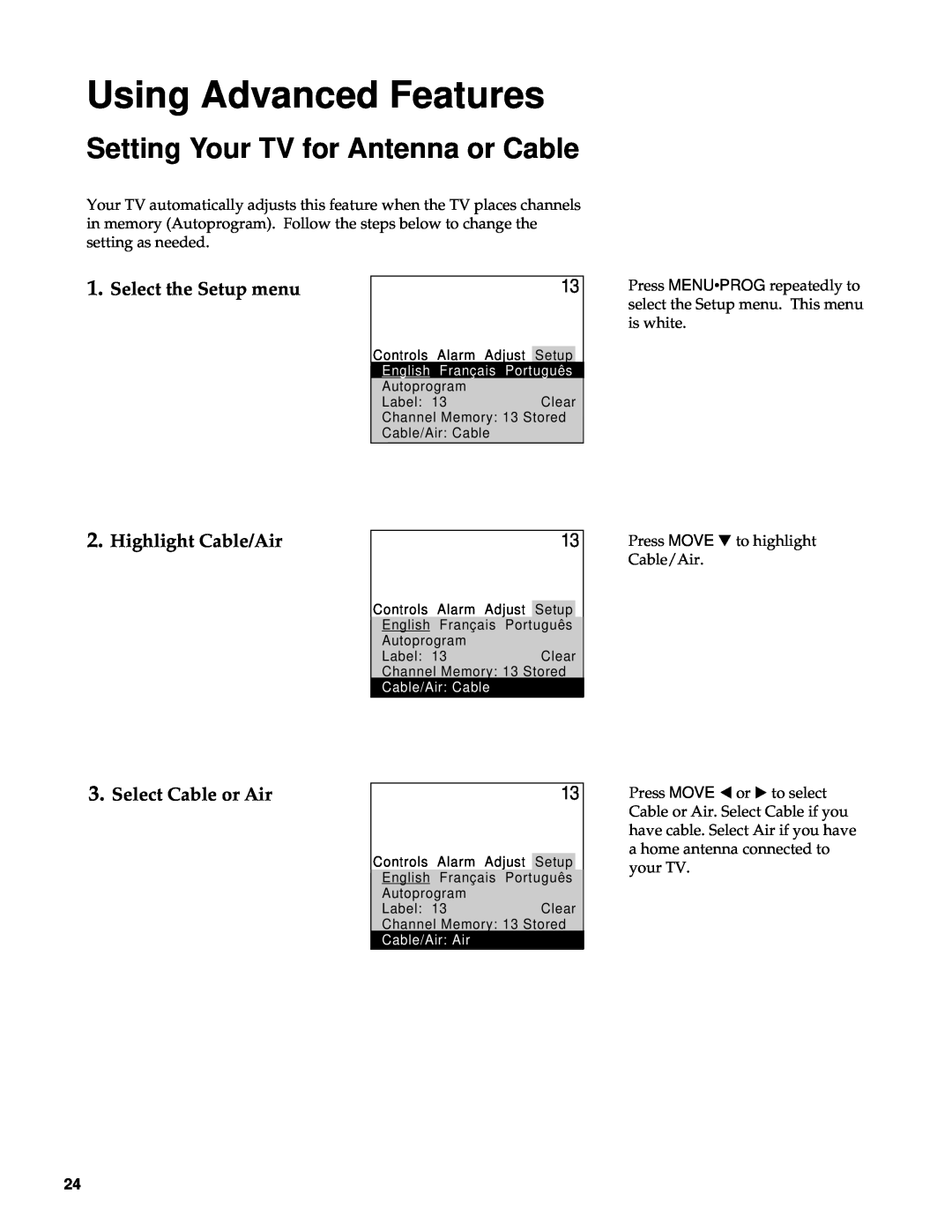 RCA 27000 manual Setting Your TV for Antenna or Cable, Select the Setup menu, Highlight Cable/Air, Select Cable or Air 