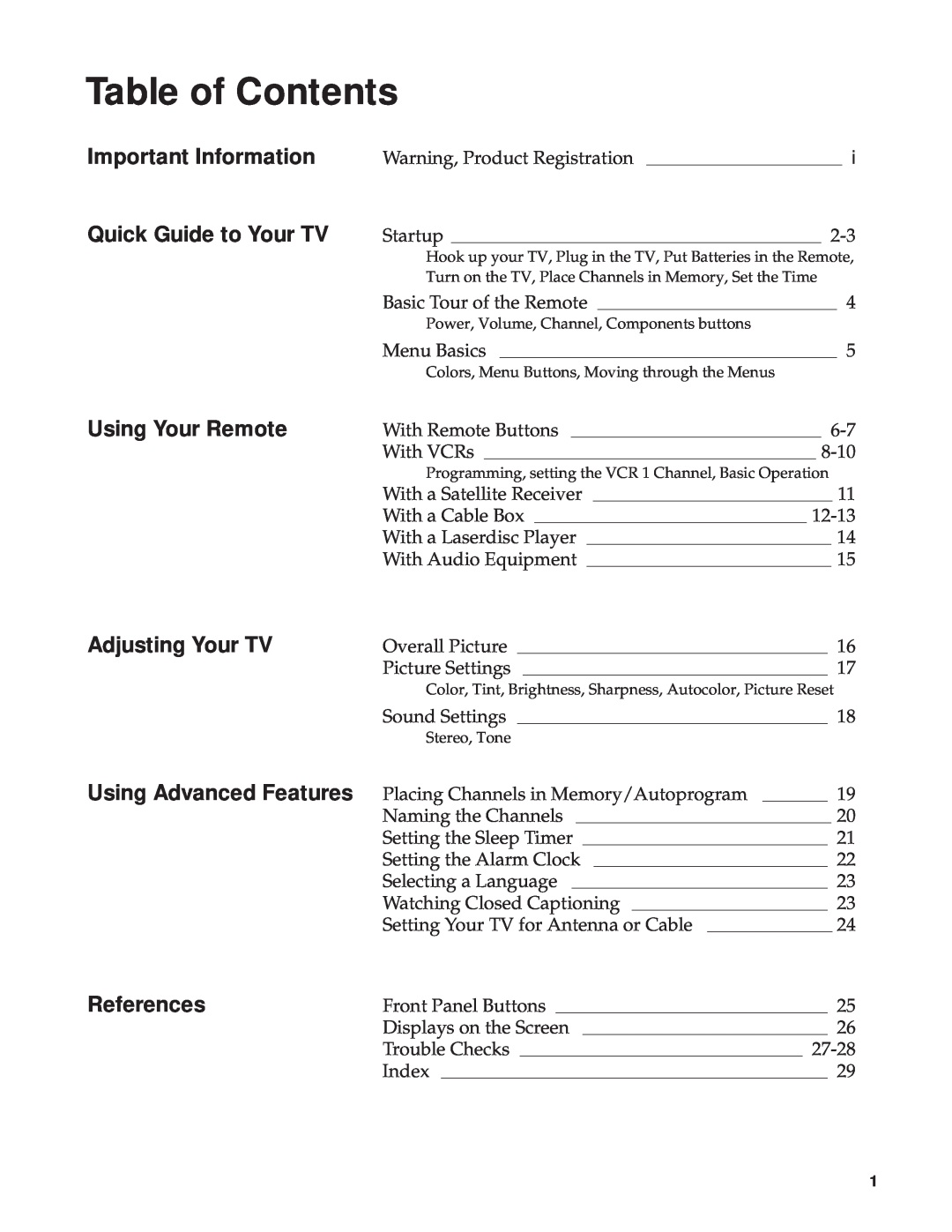 RCA RBA27500, 27000 manual Table of Contents, Important Information Quick Guide to Your TV, References, Overall Picture 