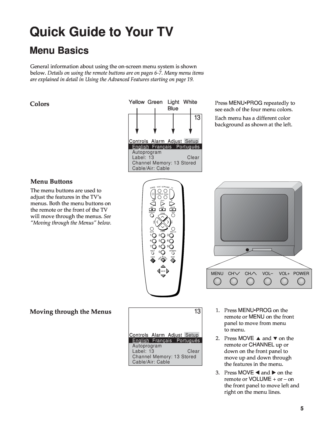 RCA RBA27500, 27000 manual Menu Basics, Colors, Moving through the Menus, Quick Guide to Your TV, Menu Buttons 