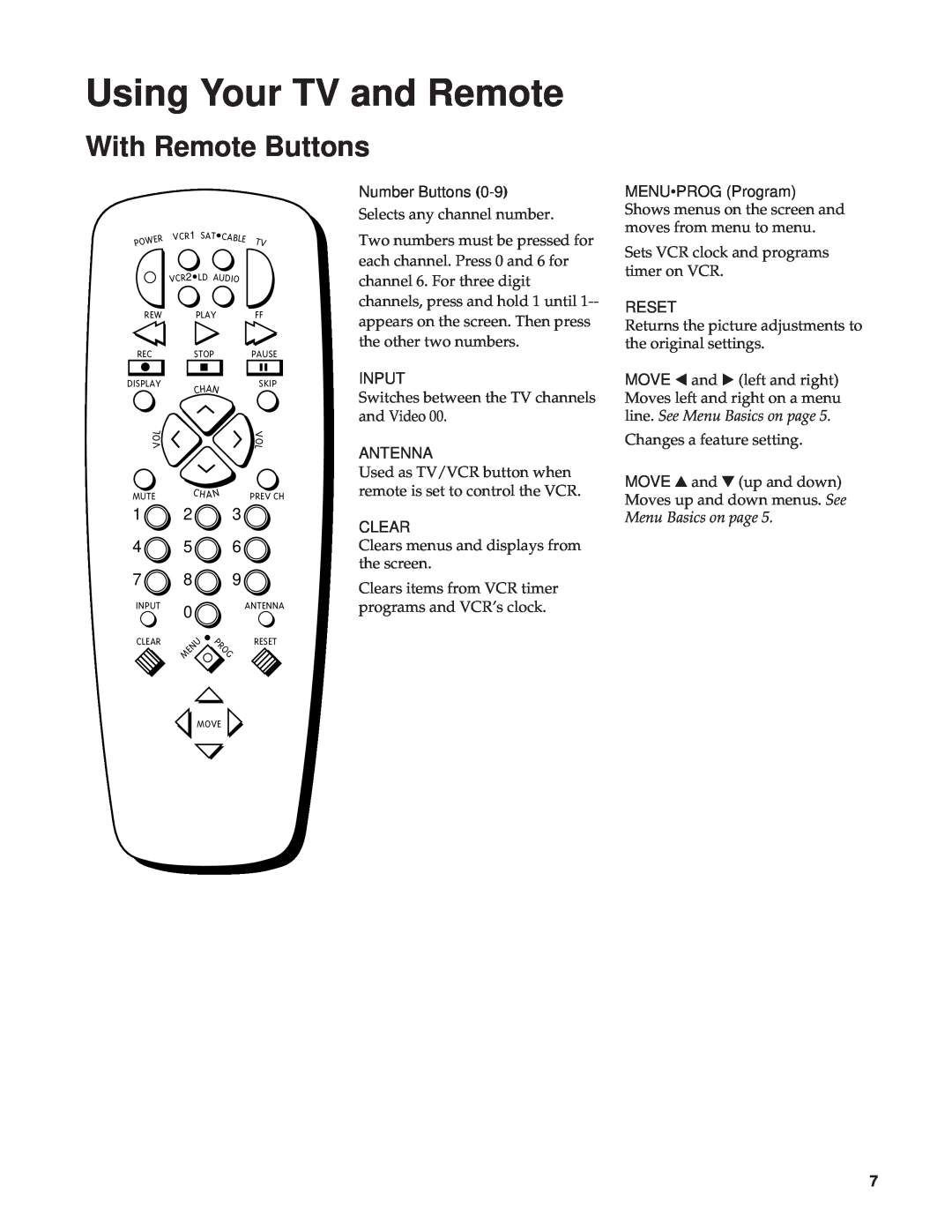 RCA RBA27500, 27000 manual Menu Basics on page, Using Your TV and Remote, With Remote Buttons 