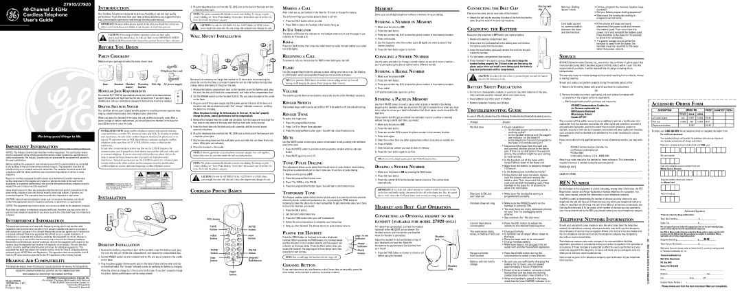 RCA 27910 user service Introduction, Before YOU Begin, Memory, Changing the Battery, Important Information, Service 