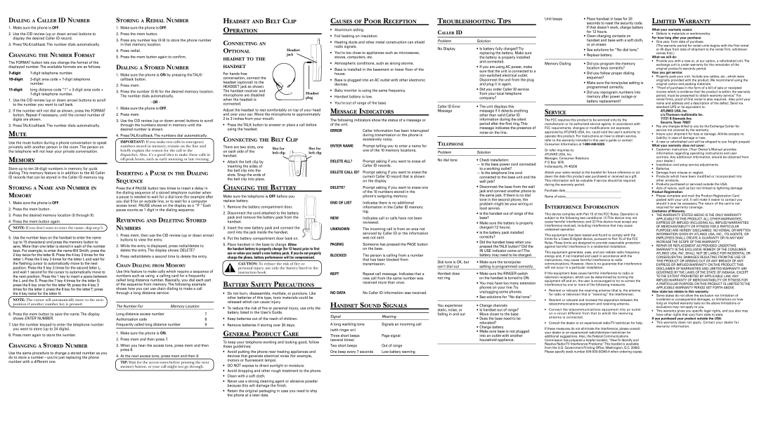 RCA 27930 Headset and Belt Clip Operation Causes of Poor Reception, Troubleshooting Tips, Limited Warranty, Mute, Memory 