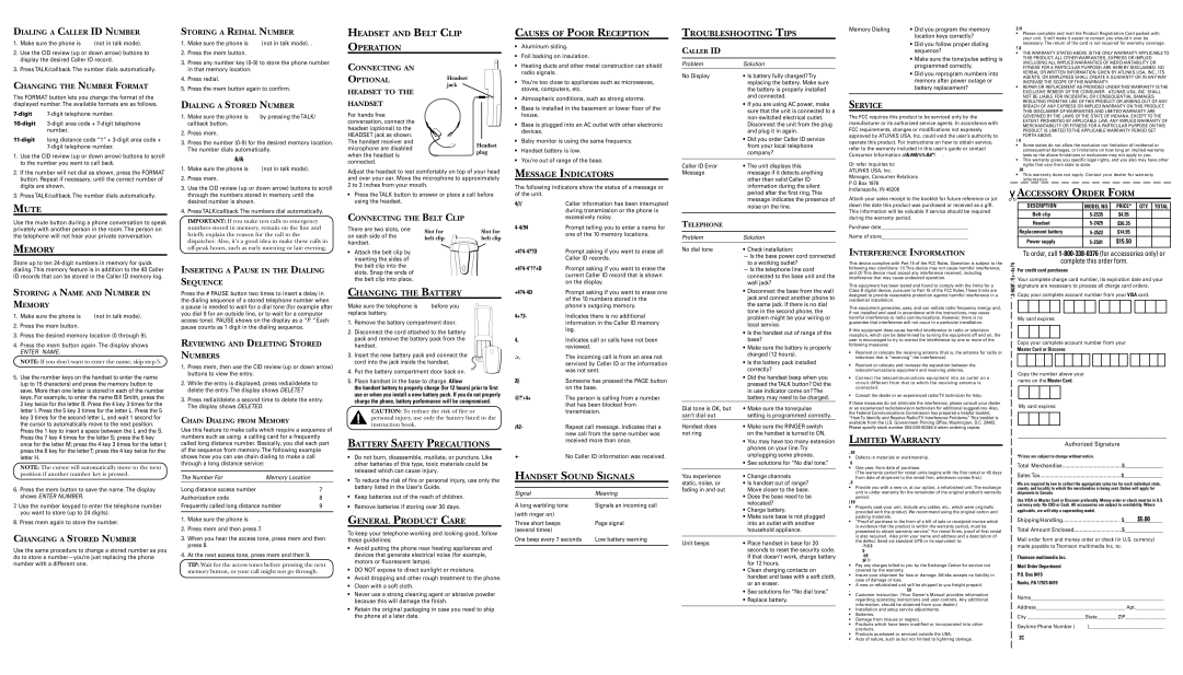 RCA 27930/31 Headset and Belt Clip Operation Causes of Poor Reception, Troubleshooting Tips, Service, Mute, Memory 