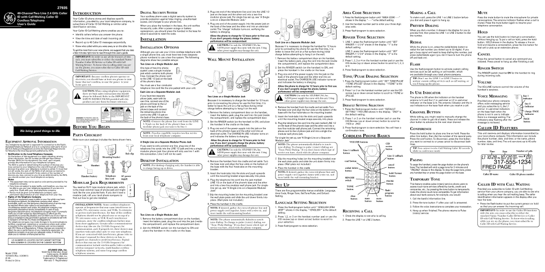 RCA 27935 important safety instructions Introduction, Installation, Before YOU Begin, Cordless Phone Basics, Set Up 