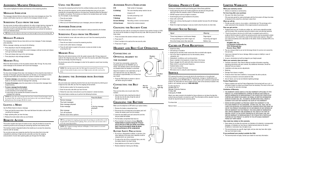 RCA 27990 Answering Machine Operation, Headset and Belt Clip Operation General Product Care, Handset Sound Signals 