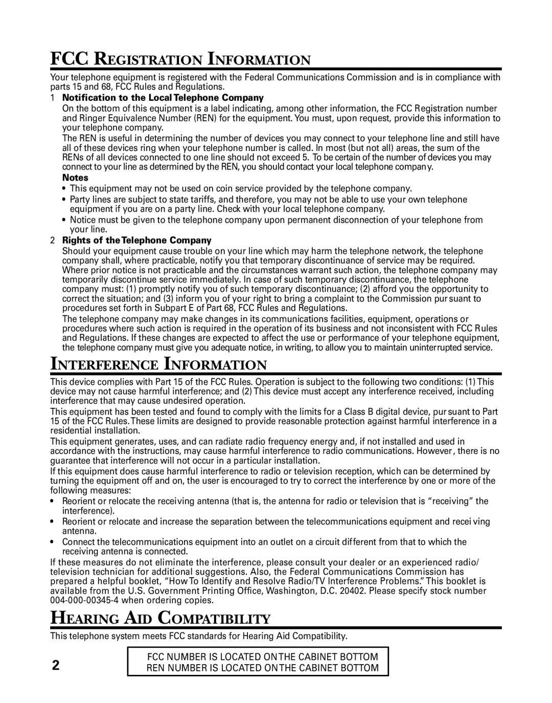 RCA 27993 manual FCC Registration Information, Interference Information, Hearing AID Compatibility 