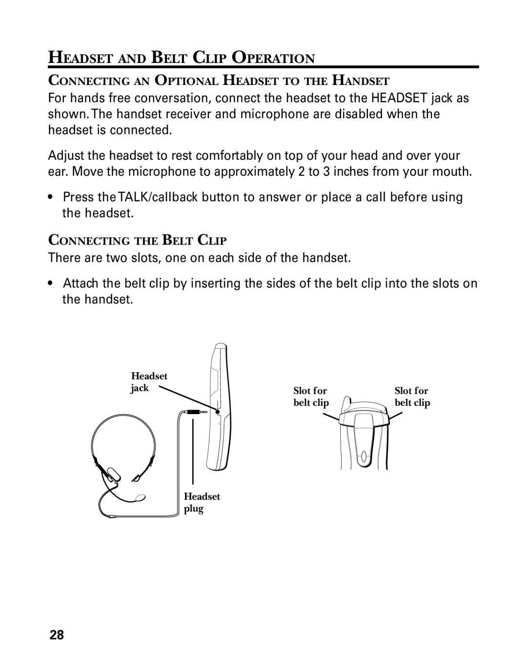 RCA 27993 manual Headset and Belt Clip Operation 