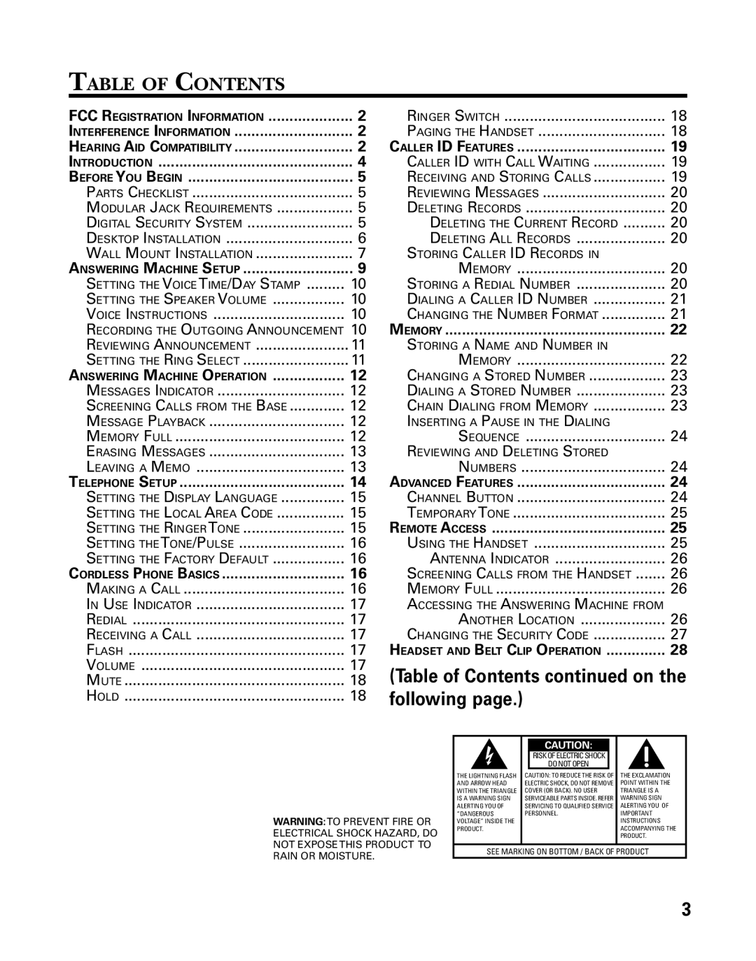 RCA 27993 manual Table of Contents, Following 