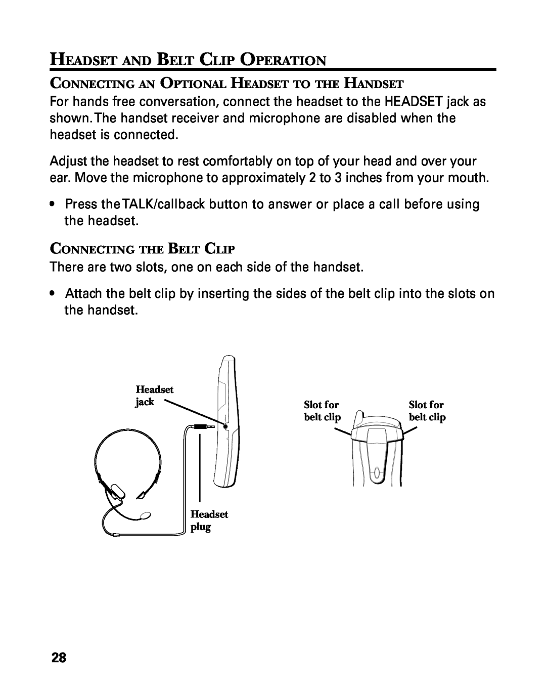 RCA 27993 manual Headset And Belt Clip Operation 