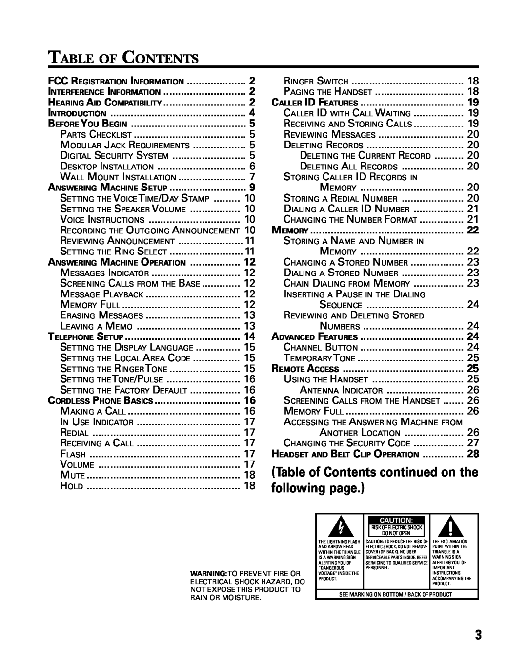 RCA 27993 manual Table Of Contents, following page, Table of Contents continued on the 