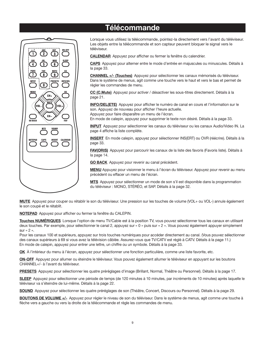 RCA 27F400T manual Télécommande 