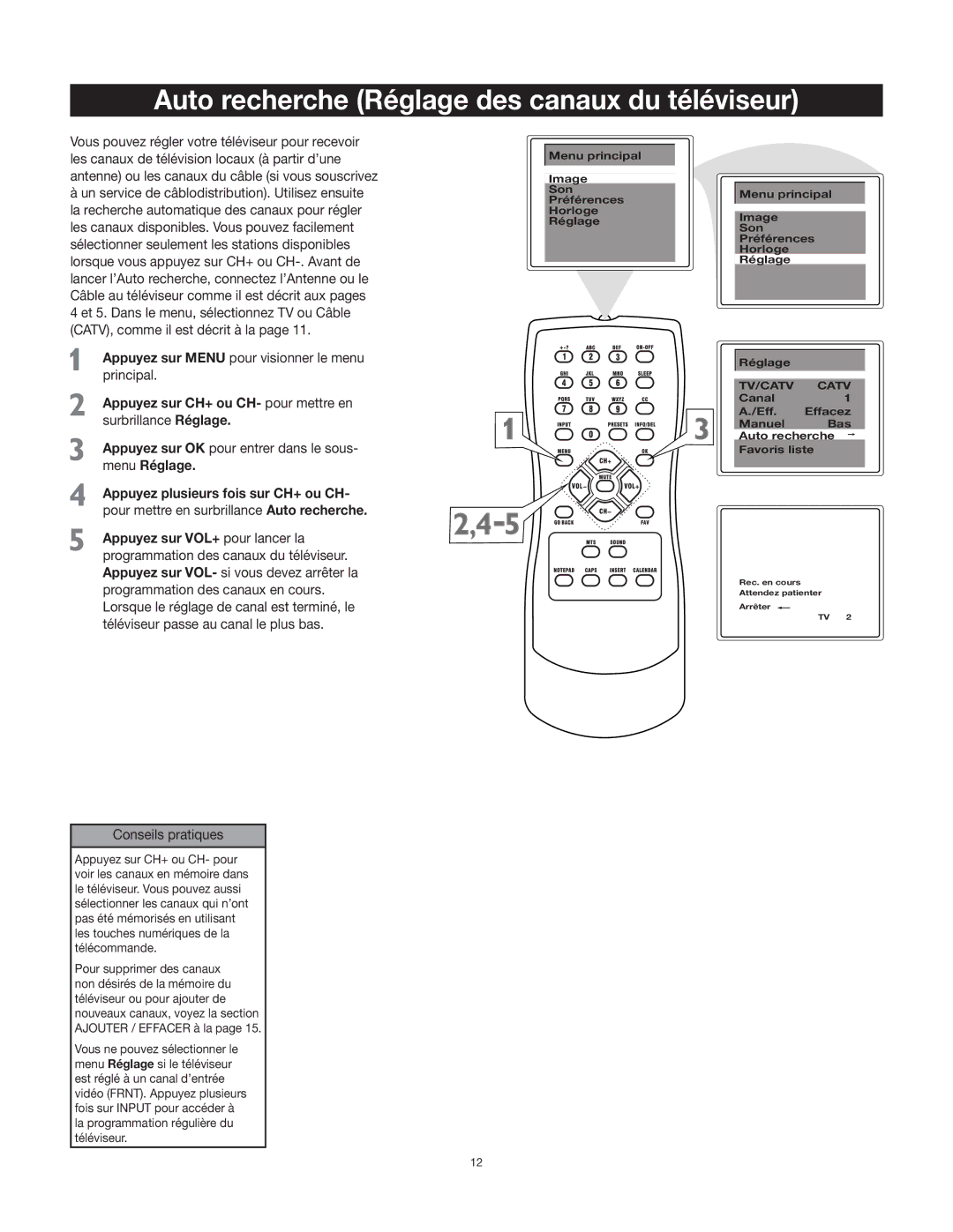 RCA 27F400T manual Auto recherche Réglage des canaux du téléviseur 