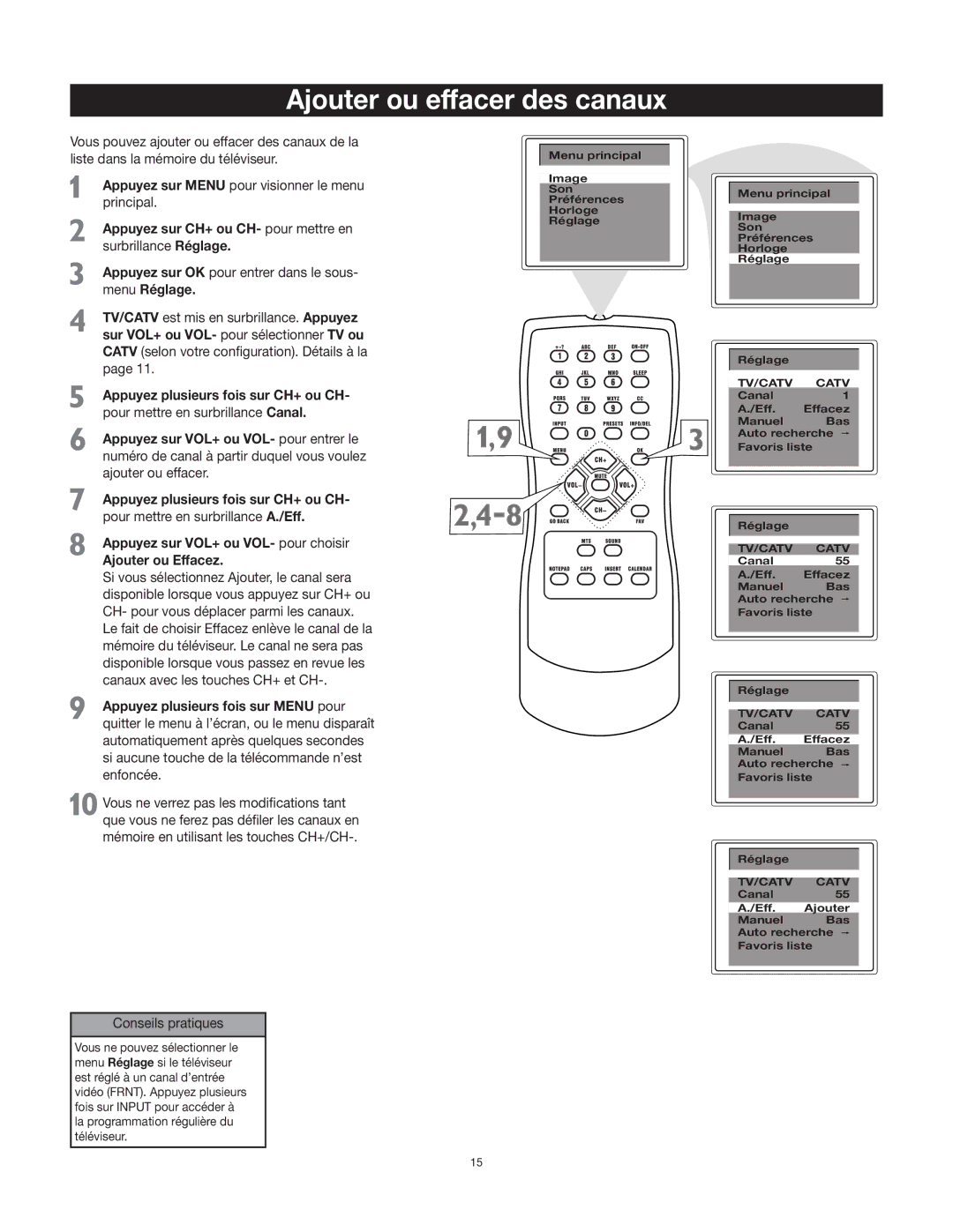 RCA 27F400T manual Ajouter ou effacer des canaux 