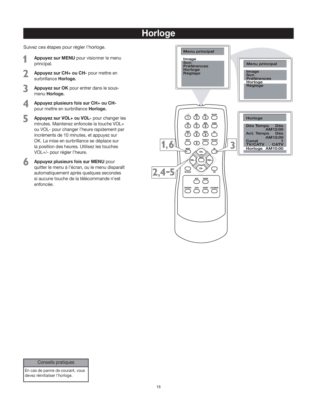 RCA 27F400T manual Appuyez sur CH+ ou CH- pour mettre en surbrillance Horloge 