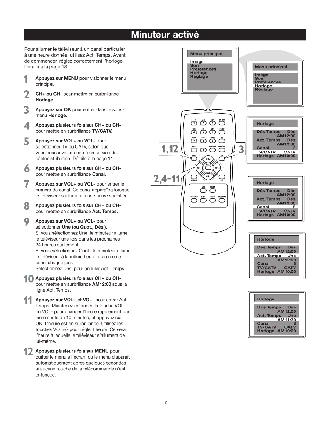 RCA 27F400T manual Minuteur activé, Horloge 