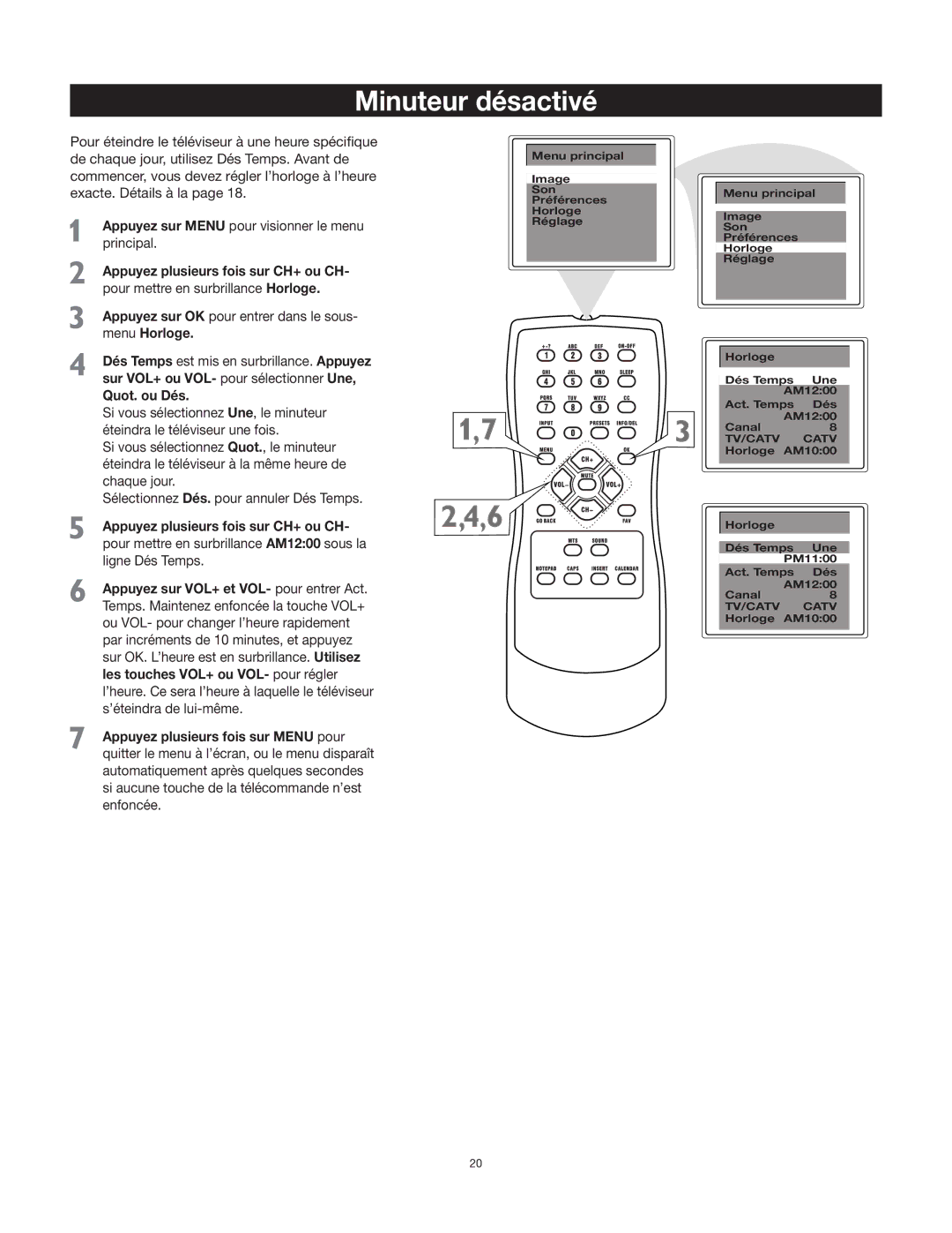 RCA 27F400T manual Minuteur désactivé, Quot. ou Dés 