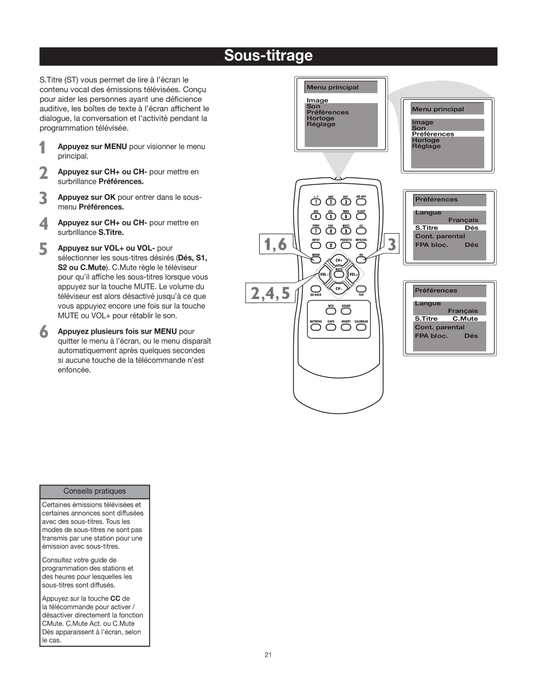 RCA 27F400T manual Sous-titrage, Appuyez sur CH+ ou CH- pour mettre en surbrillance S.Titre 