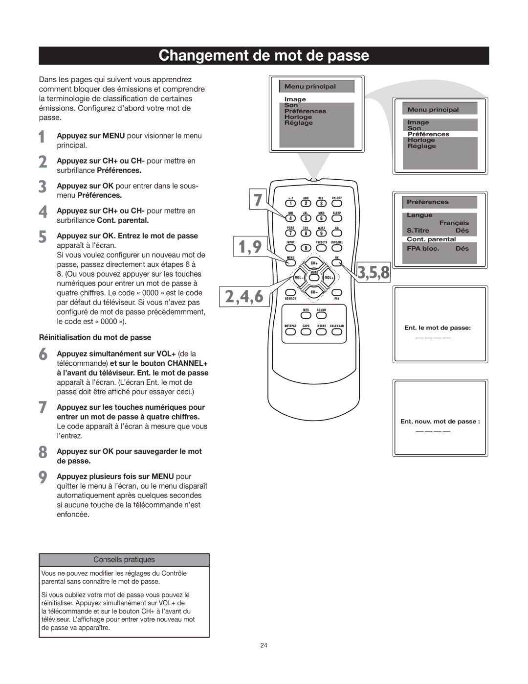 RCA 27F400T manual Changement de mot de passe, Réinitialisation du mot de passe 