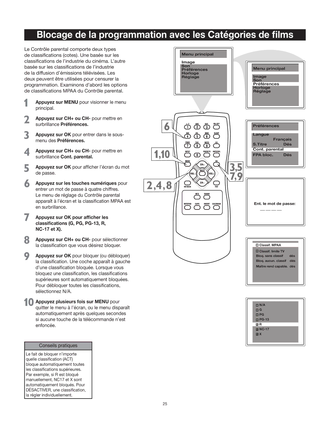 RCA 27F400T manual Blocage de la programmation avec les Catégories de films 