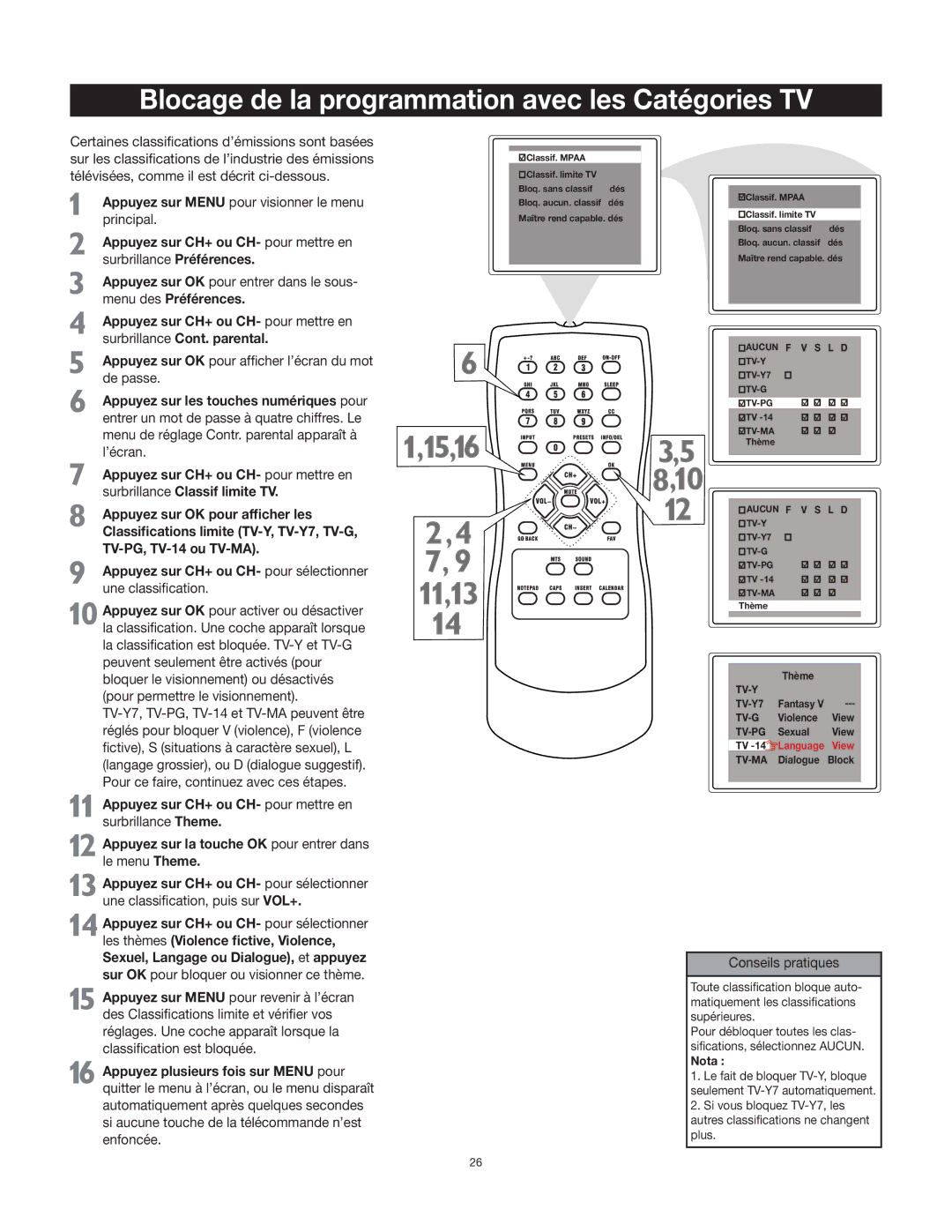 RCA 27F400T manual Blocage de la programmation avec les Catégories TV, Tv-Y 