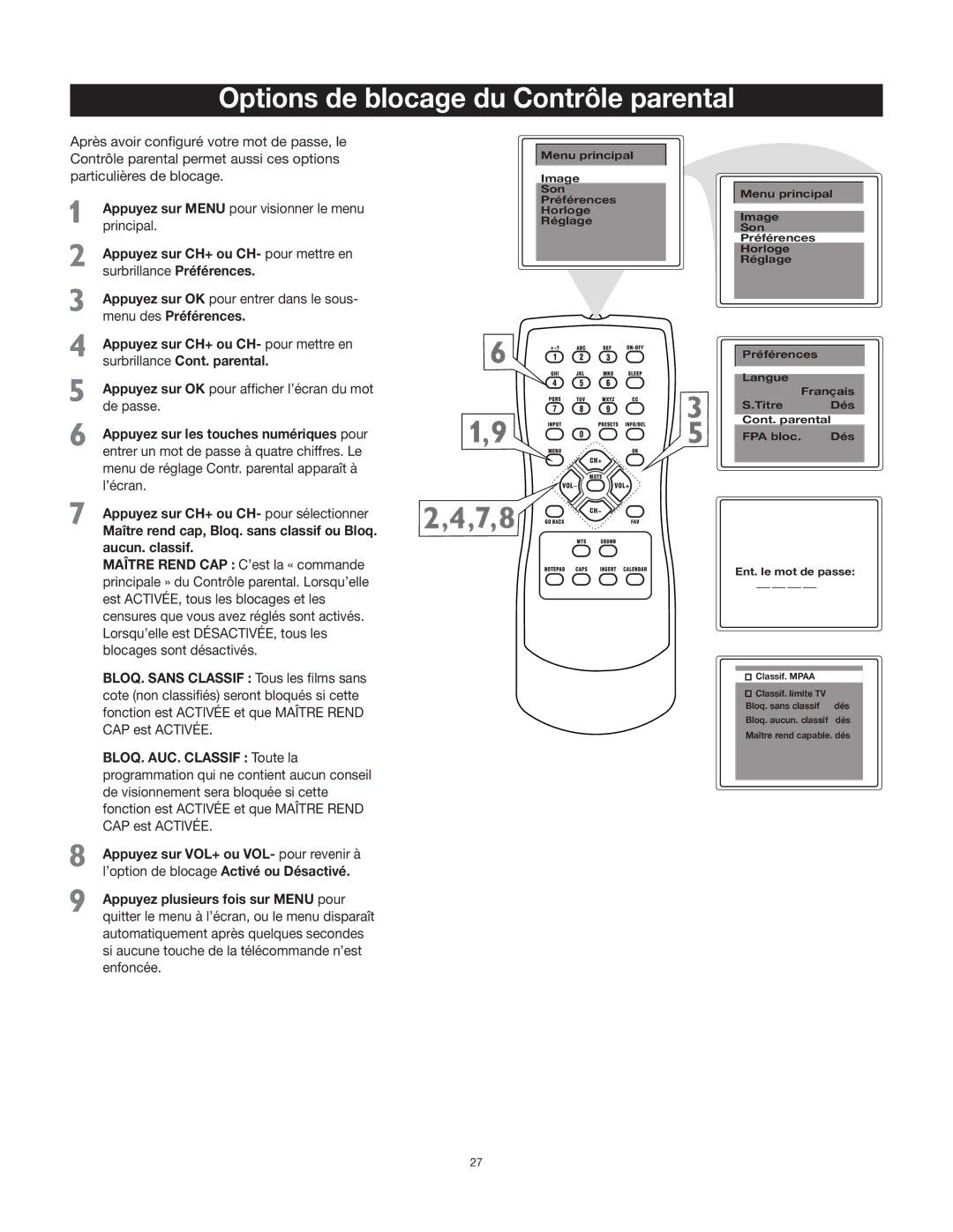 RCA 27F400T manual Options de blocage du Contrôle parental 