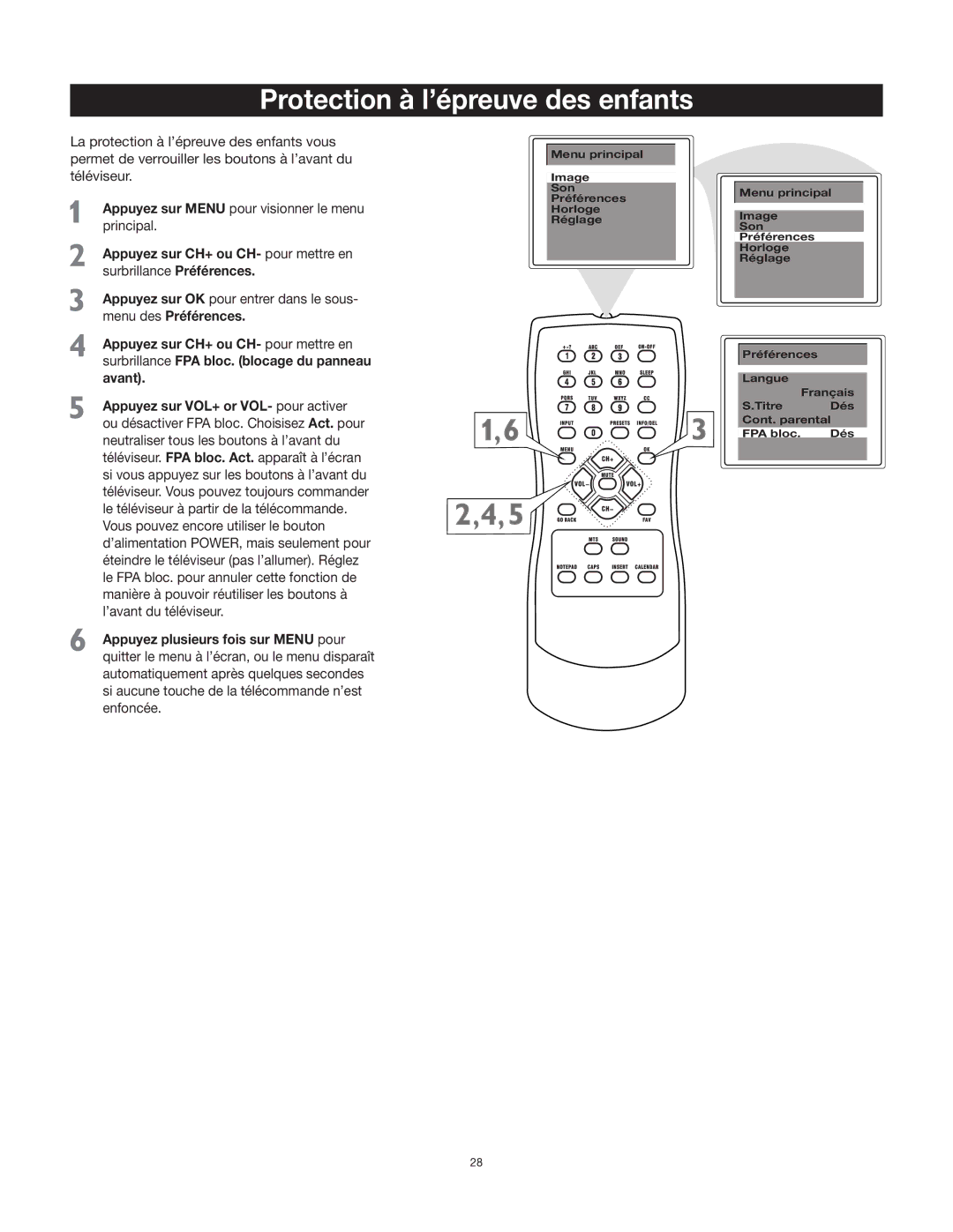 RCA 27F400T manual Protection à l’épreuve des enfants 