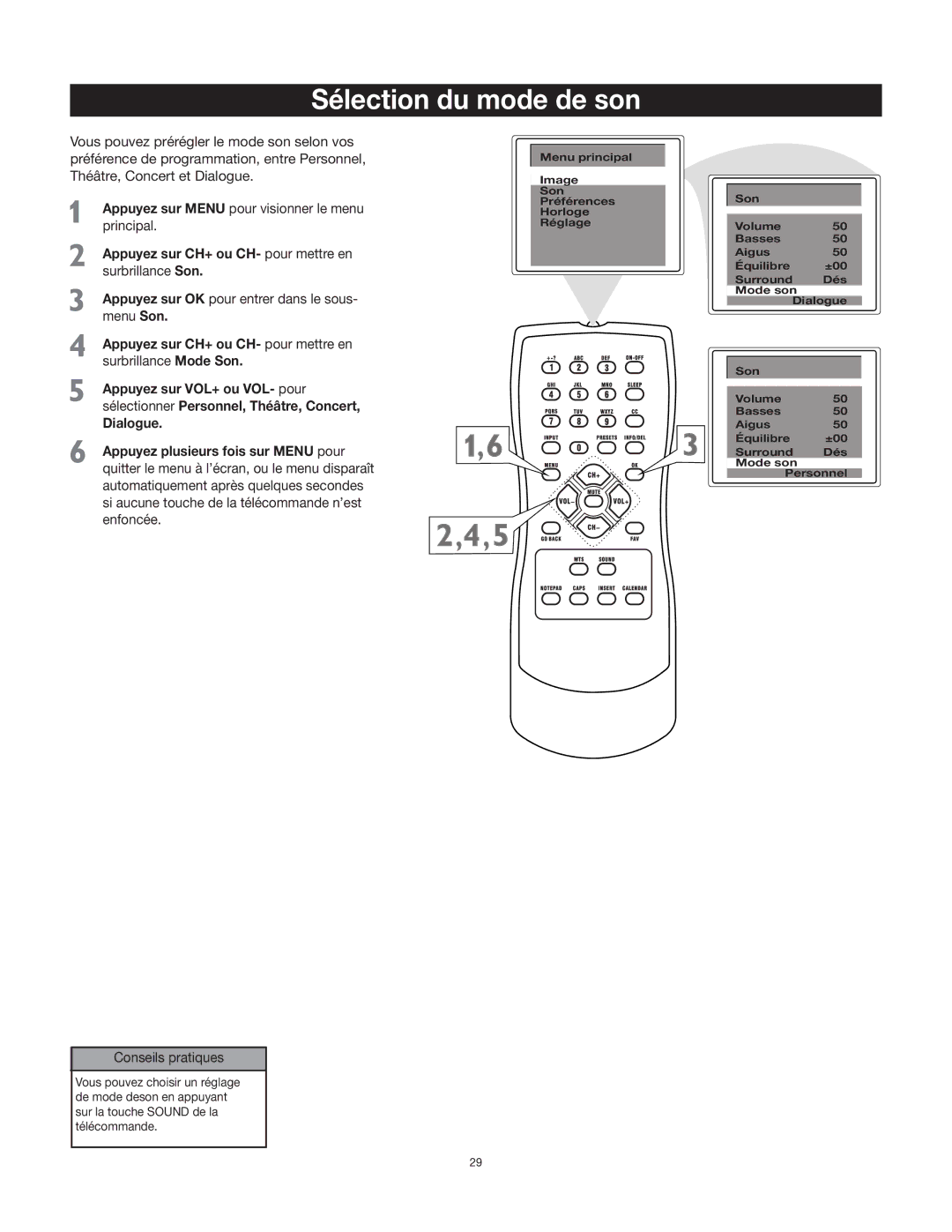 RCA 27F400T manual Sélection du mode de son, Appuyez sur CH+ ou CH- pour mettre en surbrillance Son 