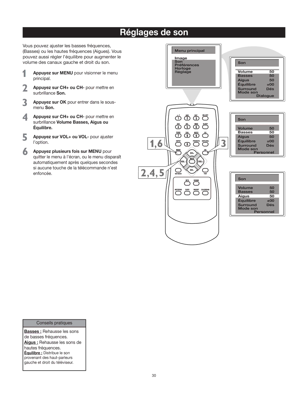 RCA 27F400T manual Réglages de son 