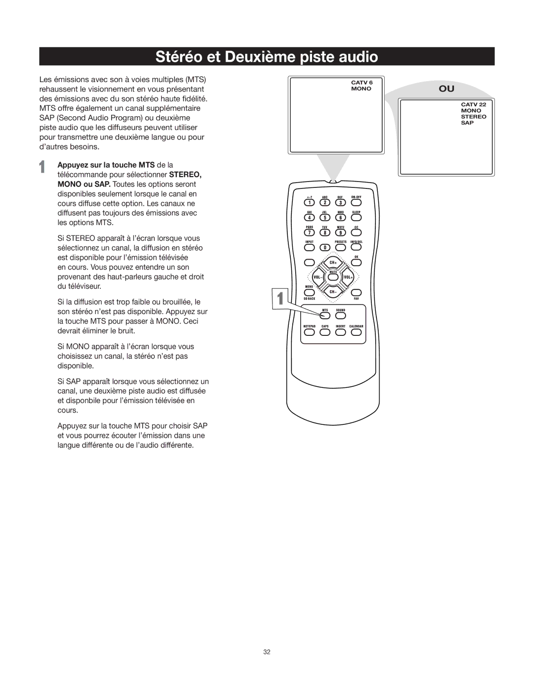 RCA 27F400T manual Stéréo et Deuxième piste audio, Appuyez sur la touche MTS de la 