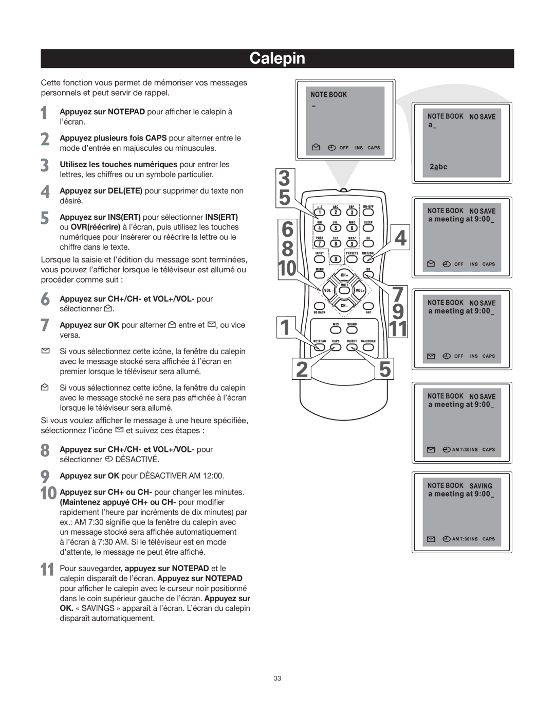 RCA 27F400T manual Calepin, Appuyez sur CH+/CH- et VOL+/VOL- pour sélectionner 