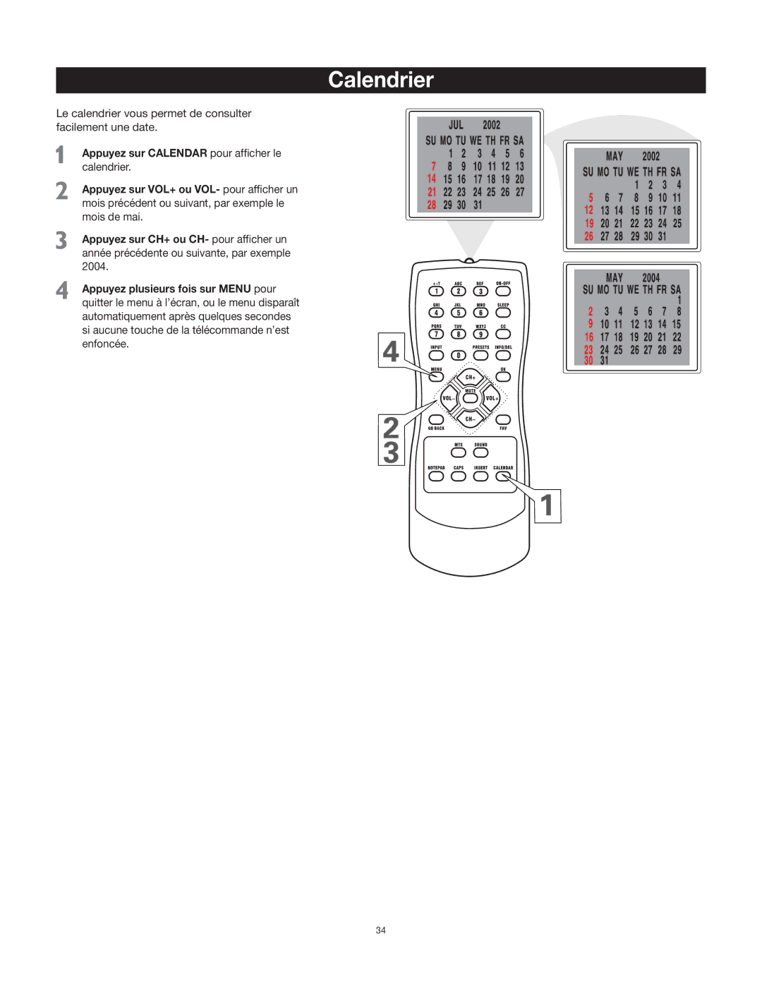 RCA 27F400T manual Calendrier 