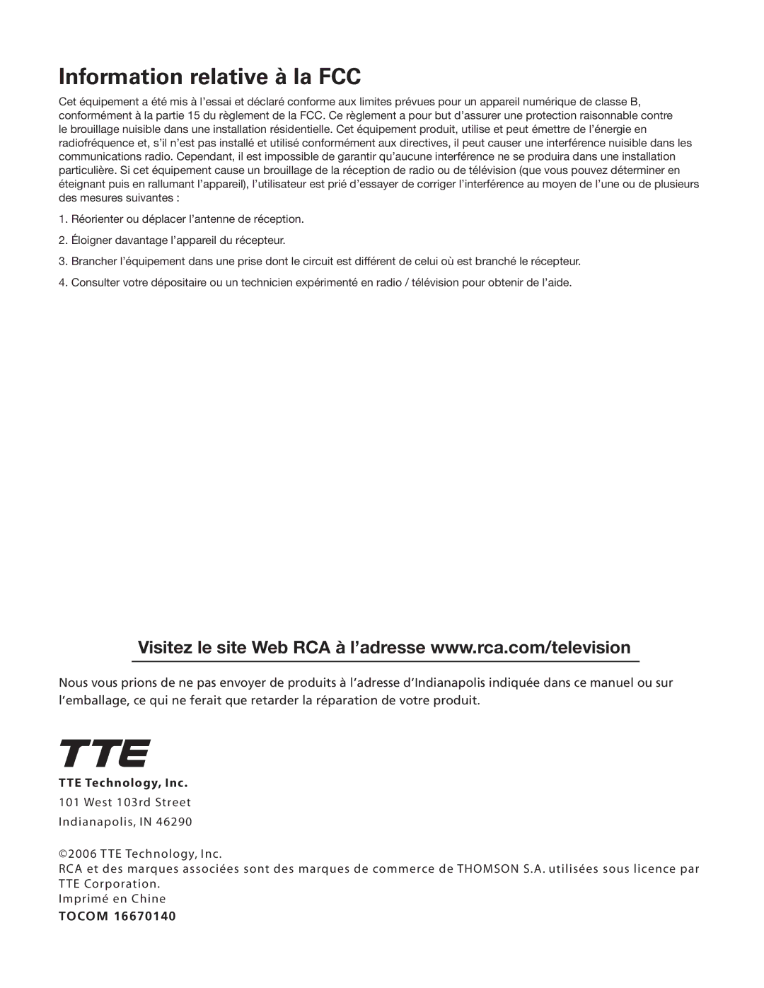 RCA 27F400T manual Information relative à la FCC 