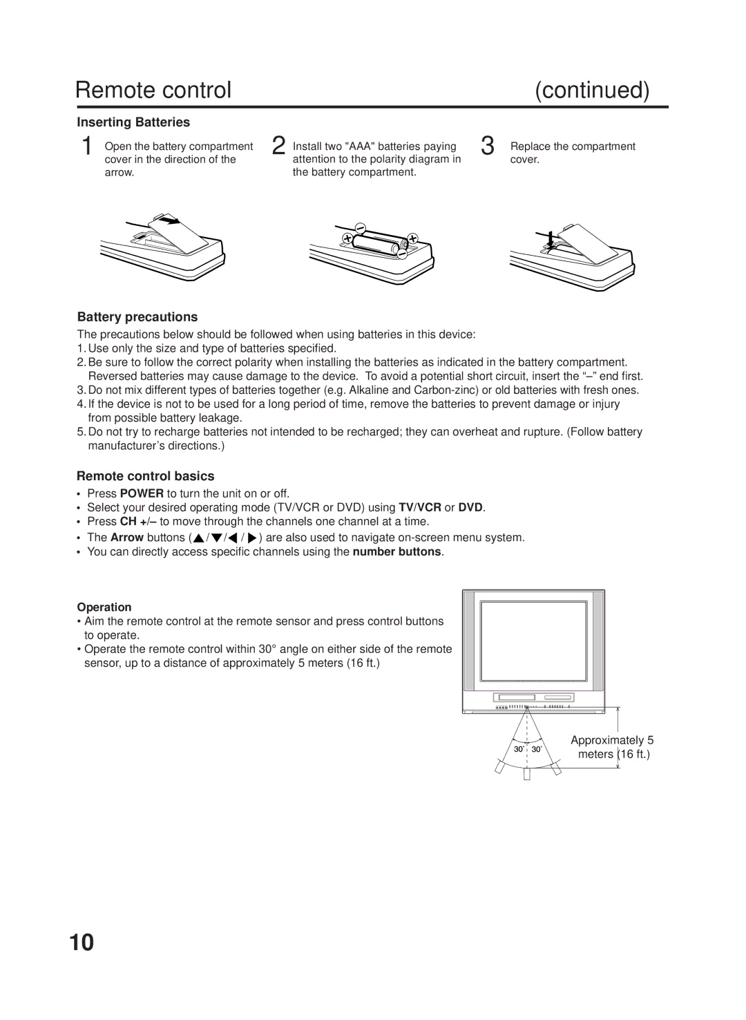 RCA 27F500TDV manual Inserting Batteries, Battery precautions, Remote control basics, Operation 