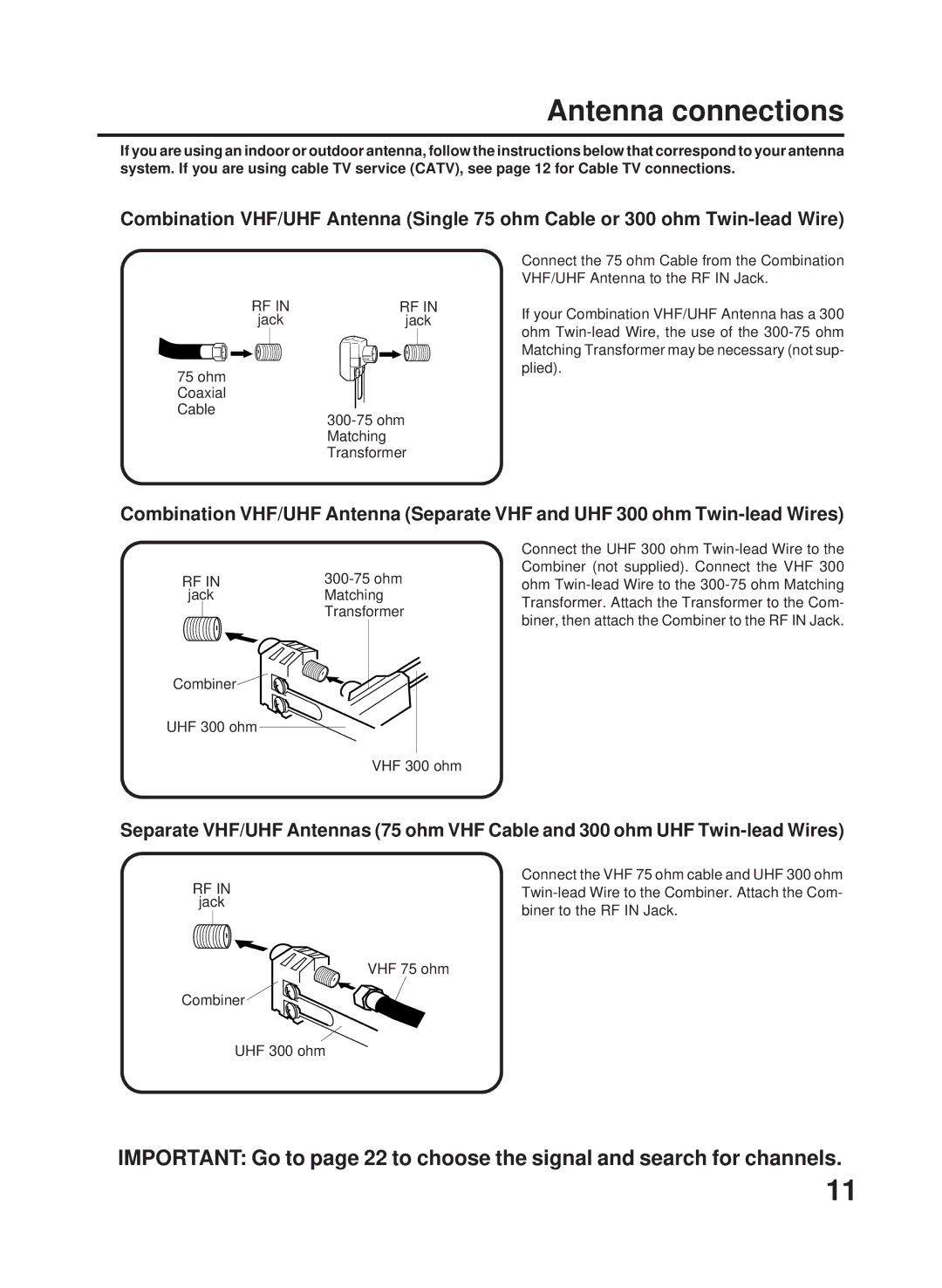 RCA 27F500TDV manual Antenna connections, Matching 