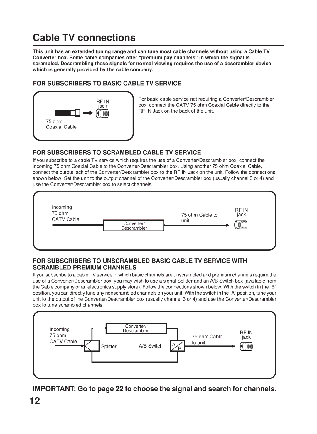 RCA 27F500TDV manual Cable TV connections, Jack Ohm Coaxial Cable, Catv Cable, Unit 