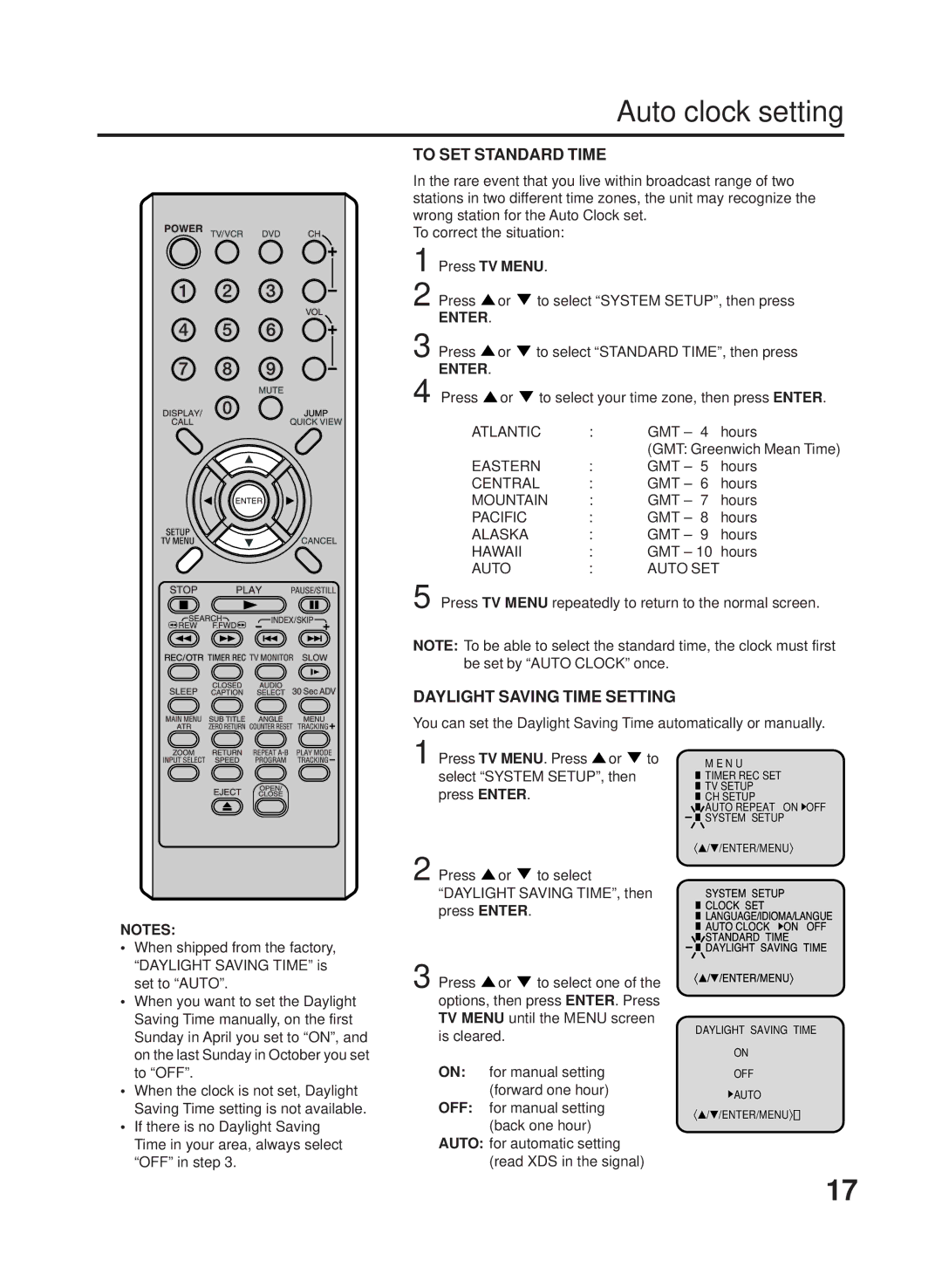 RCA 27F500TDV Press or to select Standard TIME, then press, Press or to select your time zone, then press Enter, GMT Hours 